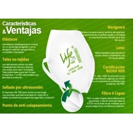 Tapabocas Respirador N95 Life 1095 Certificado Niosh ( (Entrega Inmediata)