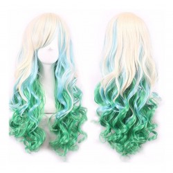 ! Peluca Cosplay Bicolor Rubio Verde Cyan Harajuku Ondulada! (Entrega Inmediata)