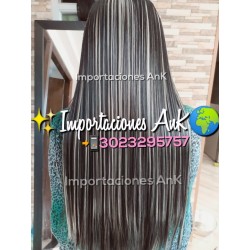 Extensiónes De Cabello Negro Liso Iluminaciónes Platino Larg (Entrega Inmediata)