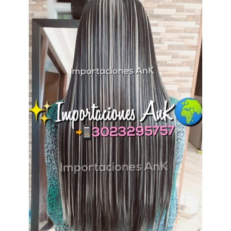 Extensiónes De Cabello Negro Liso Iluminaciónes Platino Larg (Entrega Inmediata)