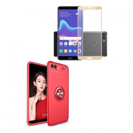 Kit Ring Case Protector Lujo Huawei Y9 2018 Rojo+ Vidrio 3d (Entrega Inmediata)