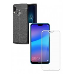 Kit Estuche Tpu Cuero Huawei P20 Lite Negro+ Vidrio Blanco (Entrega Inmediata)