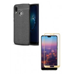 Kit Estuche Tpu Cuero Huawei P20 Lite Negro+ Vidrio Dorado (Entrega Inmediata)