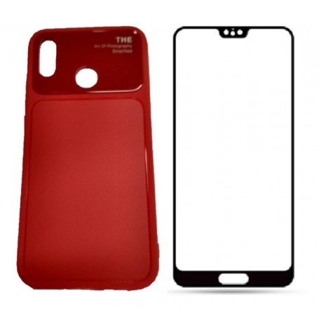 Kit Funda Tpu De Lujo Huawei P20 Lite Rojo+ Vidrio Negro 3d (Entrega Inmediata)
