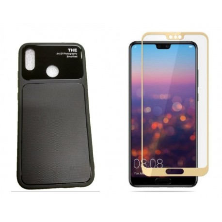 Kit Funda Tpu De Lujo Huawei P20 Lite Negr+ Vidrio 3d Dorad (Entrega Inmediata)