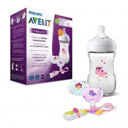 Set Regalo Tetero Avent Natural 9 Oz Unicornio Chupos + Clip (Entrega Inmediata)