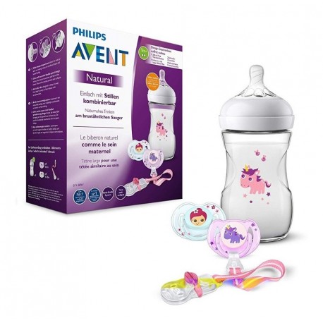 Set Regalo Tetero Avent Natural 9 Oz Unicornio Chupos + Clip (Entrega Inmediata)