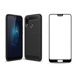 Kit Estuche Fibra Carbono Huawei P20 Lite Negro + Vidrio Neg (Entrega Inmediata)