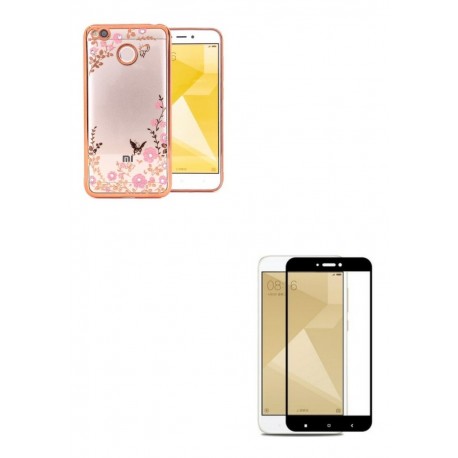 Kit Estuche Silicona Decorada Dorada + Vidrio Negro Redmi 4x (Entrega Inmediata)