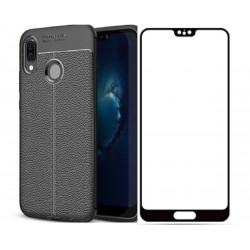 Kit Protector Tpu Cuero Huawei P20 Lite Negro+ Vidrio Negro (Entrega Inmediata)