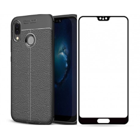 Kit Protector Tpu Cuero Huawei P20 Lite Negro+ Vidrio Negro (Entrega Inmediata)