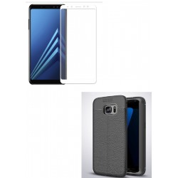 Kit Protector Tpu Cuero Samsung A8 2018 Negro + Vidrio Blanc (Entrega Inmediata)