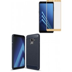Kit Protector Carbono Samsung A8 2018 Azul + Vidrio Curvo (Entrega Inmediata)