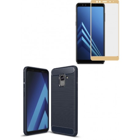 Kit Protector Carbono Samsung A8 2018 Azul + Vidrio Curvo (Entrega Inmediata)