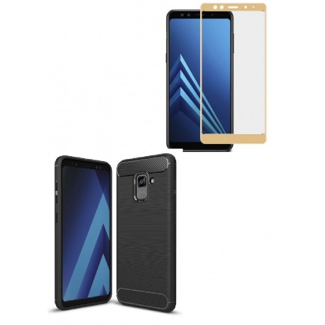 Kit Protector Carbono Samsung A8 2018 Negro + Vidrio Curvo (Entrega Inmediata)