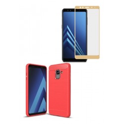 Kit Protector Carbono Samsung A8 2018 Rojo + Vidrio Curvo (Entrega Inmediata)