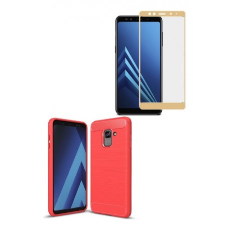 Kit Protector Carbono Samsung A8 2018 Rojo + Vidrio Curvo (Entrega Inmediata)