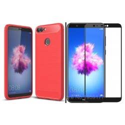 Kit Protector Fibra Carbono Huawei P Smart Rojo + Vidrio Ng (Entrega Inmediata)