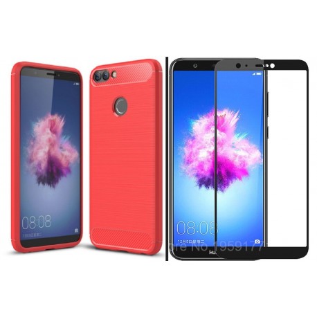 Kit Protector Fibra Carbono Huawei P Smart Rojo + Vidrio Ng (Entrega Inmediata)
