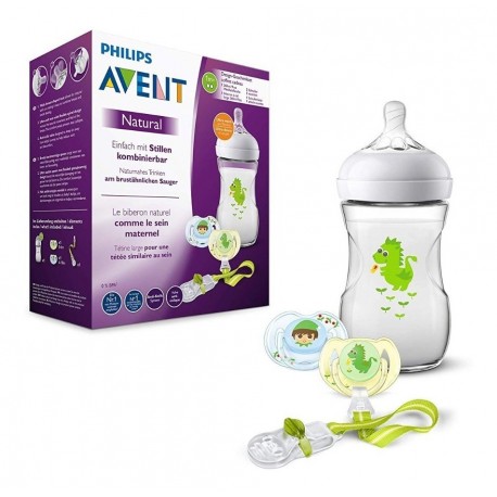 Set Regalo Tetero Avent Natural 9 Oz Dragon + 2chupos + Clip (Entrega Inmediata)