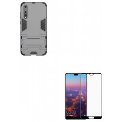 Kit Estuche Anti Impacto Gris + Vidrio 3d Negro Huawei P20 (Entrega Inmediata)