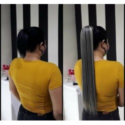Cola De Cabello Coleta Negra Con Iluminaciónes Cenizo Larga (Entrega Inmediata)