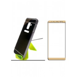 Kit Bumper Aluminio Samsung A8 Plus Negro + Vidrio Dorado (Entrega Inmediata)
