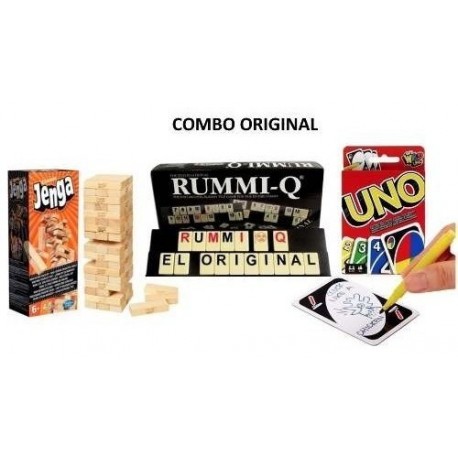 Combo Original Jenga Hasbro Uno Mattel Rummy Rummiq (Entrega Inmediata)
