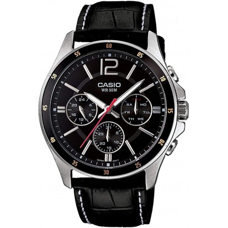 Reloj Casio MTP-1374L-1AVDF (A834) Enticer Black Dial Leather Strap Hombre MTP1374L1AV