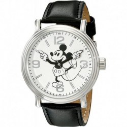 Reloj Disney W001853 Hombre Mickey Mouse Silver-Tone With Black Faux-Leather Band