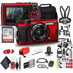 Camara Olympus Tough TG-6 Waterproof Camera (Red) - Action Bundle with 50 Piece Accessory Kit + Extra Battery Float Strap Sandisk 64GB Ultra Memory Ca