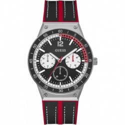 GUESS Men's Sport Race-Inspired Multifunction 44mm Watch - Black Dial Silver-Tone Stainless Steel Case with Red Silicone & Black Leather Strap
