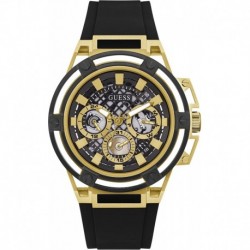 GUESS Men's Sport Cut-Thru Multifunction 46mm Watch - Black Dial Gold-Tone Stainless Steel Case with Black Silicone Strap
