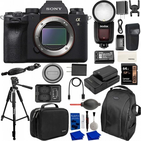 Sony Alpha 9 II Mirrorless Full-Frame Camera Bundle with GODOX Flash, Extra Battery & USB Charger Kit, 64GB SDXC Card, Backpack, Dually Charger, Handy