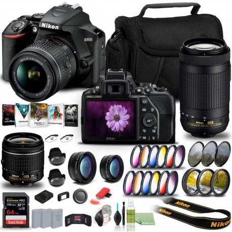 Nikon D3500 DSLR Camera with 18-55mm and 70-300mm Lenses (1588) USA Model + 64GB Extreme Pro Card + 2 x EN-EL14a Battery + Corel Photo Software + Case