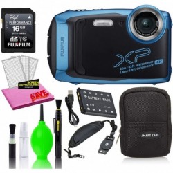 Fujifilm FinePix XP140 Waterproof Digital Camera (Sky Blue) Accessory Bundle with 16GB SD Card + Small Camera Case + Padded Wrist Strap + Deluxe Clean