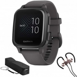 Garmin 010-02427-00 Venu Sq, Slate Aluminum Bezel with Shadow Gray Case and Silicone Band Bundle with Deco Essentials 2600mAh Portable Power Bank and
