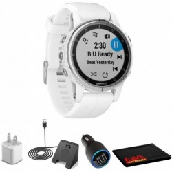 Garmin Fenix 5s Plus Sapphire Edition GPS Watch (42mm,Silver/White) + USB Adapter Cube + USB Car Adapter + Watch Charging Stand + Fiber Cloth