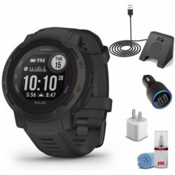Garmin Instinct 2 Solar - Graphite (45MM) + Watch Charging Stand + USB Car Adapter + USB Wall Adapter + LCD Screen Cleaner