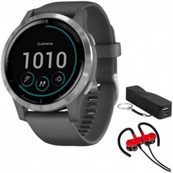 Garmin 010-02174-01 Vivoactive 4 Smartwatch, Shadow Gray/Stainless Bundle with Deco Gear Magnetic Wireless Sport Earbuds, Red with Carrying Case and V