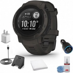 Garmin Instinct 2 - Standard Edition Smart Watch Graphite + Watch Charging Stand + USB Car Adapter + USB Wall Adapter + LCD Screen Cleaner + Sweat Wor