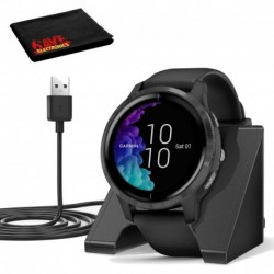 Garmin Venu Smartwatch (Slate Stainless Steel Bezel, Black Case, Silicone Band) with Charging Stand and Microfiber Cloth