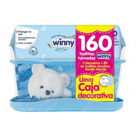 Toallitas Pañitos Winny Sensitive X 160 + Caja Dispensadora