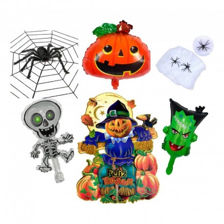Kit Globos Afiche Telarañas Arañas Decoración Halloween 7pcs