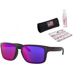 Sunglasses Oakley Holbrook Matte Black Frame / Positive Red Iridium Lens USA Flag Cleaning Kit