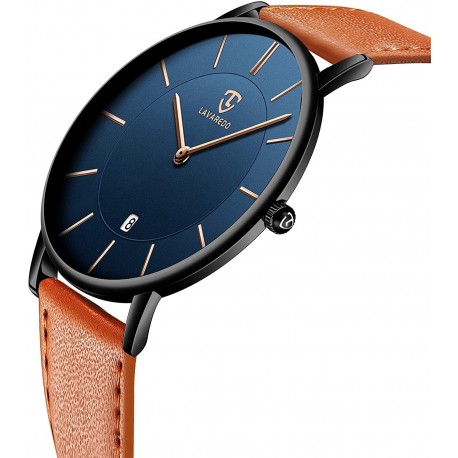 Watch L6628-OrangeBlue-P , Men Minimalist Fashion Simple Wrist Analog Date with Leather Strap Orange Blue