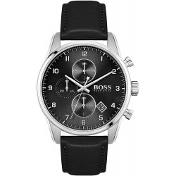 Watch 1513782 BOSS Black Men Stainless Steel Quartz with Leather Strap, Black, 22