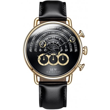 Watch 8816G Luxury Men Big Dial Chronograph Sapphire Glass Waterproof Quartz Black Leather Gold