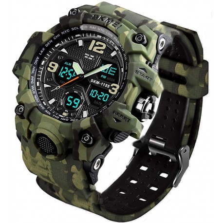 Watch AD1155 (BK WHITE) MJSCPHBJK Men Analog Sports , LED Military Wrist Large Dual Dial Digital Outdoor Electronic Malfunction Two Timezone Back L