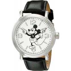 Watch Disney W001853 Men Mickey Mouse Silver-Tone With Black Faux-Leather Band